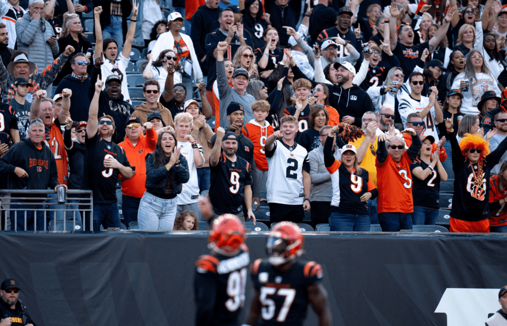 Cincinnati Bengals fans react after Cincinnati Bengals defensive end Trey Hendrickson (91) forced a fumble from Las Vegas Raiders quarterback Desmond Ridder (10) in the fourth quarter of the NFL game at Paycor Stadium in Cincinnati on Sunday, Nov. 3, 2024