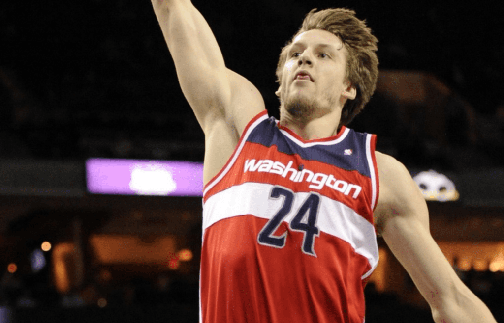 Jan 7, 2014; Charlotte, NC, USA; Washington Wizards forward Jan Vesely (24) drives to the basket and scores during the first half of the game against the Charlotte Bobcats at Time Warner Cable Arena. Mandatory Credit: Sam Sharpe-Imagn Images