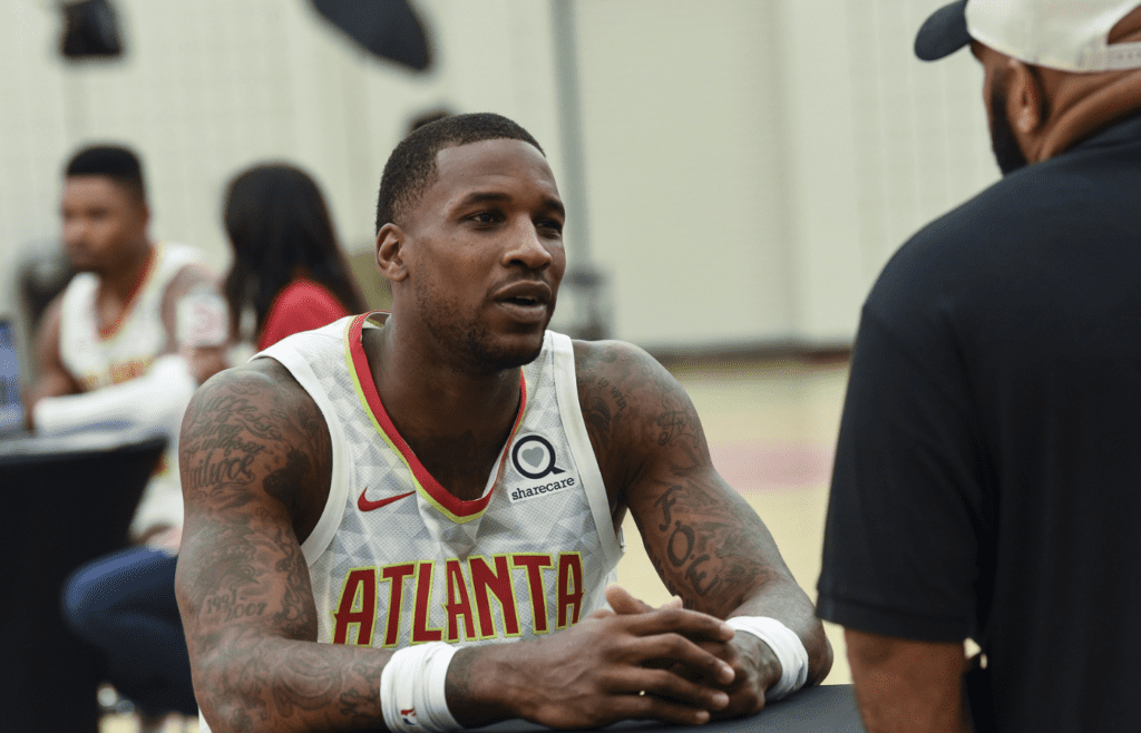 Sep 24, 2018; Atlanta, GA, USA; Atlanta Hawks player Thomas Robinson (0) is interviewed during Hawks Media Day at the Emory Sports Medicine Complex. Mandatory Credit: Dale Zanine-Imagn Images
