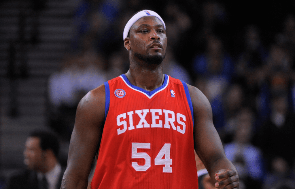 December 28, 2012; Oakland, CA, USA; Philadelphia 76ers center Kwame Brown (54) looks on during the fourth quarter against the Golden State Warriors at ORACLE Arena. The Warriors defeated the 76ers 96-89. Mandatory Credit: Kyle Terada-Imagn Images