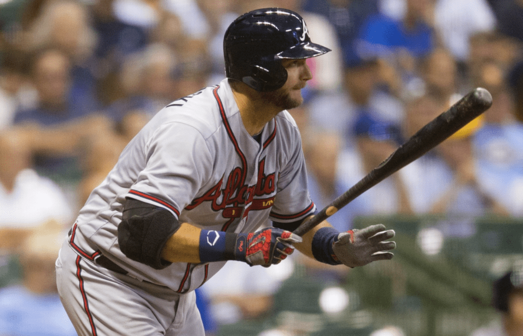 Aug 8, 2016; Milwaukee, WI, USA; Atlanta Braves catcher A.J. Pierzynski (15) singles during the seventh inning against the Milwaukee Brewers at Miller Park. Mandatory Credit: Jeff Hanisch-Imagn Images