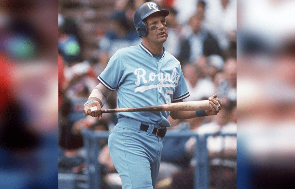 1990; Cleveland, OH, USA; FILE PHOTO; Kansas City Royals third baseman George Brett in action against the Cleveland Indians at Cleveland Stadium. Mandatory Credit: Tony Tomsic-USA TODAY NETWORK