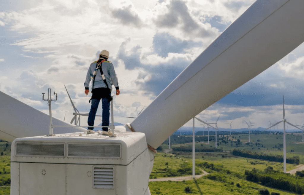 A technician performing maintenance on a wind turbine