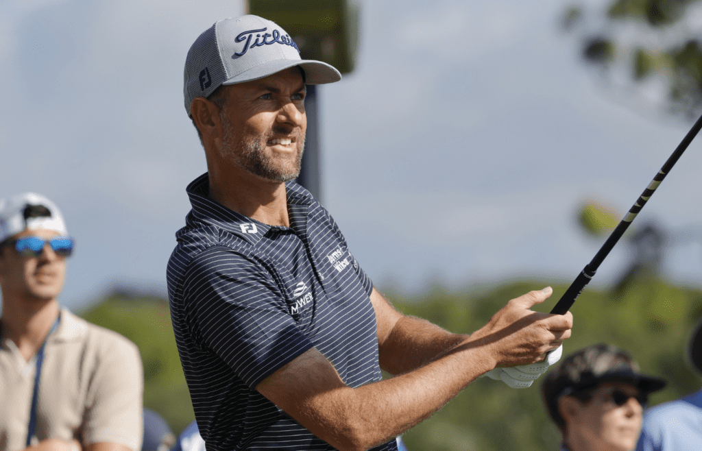 Mar 20, 2025; Palm Harbor, Florida, USA; Webb Simpson plays his shot from the tenth tee during the first round of the Valspar Championship golf tournament at Innisbrook Resort. Mandatory Credit: Reinhold Matay-Imagn Images