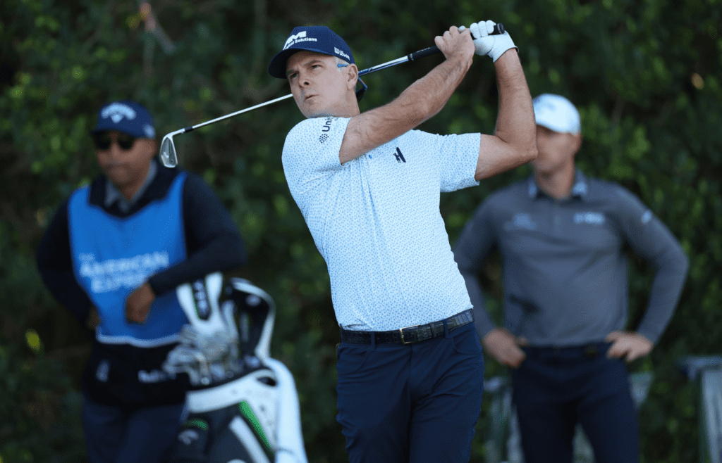 Jan 16, 2025; La Quinta, California, USA; Kevin Streelman hits from the third tee box during the first round of The American Express golf tournament at La Quinta Country Club. Mandatory Credit: Abe Arredondo-Imagn Images