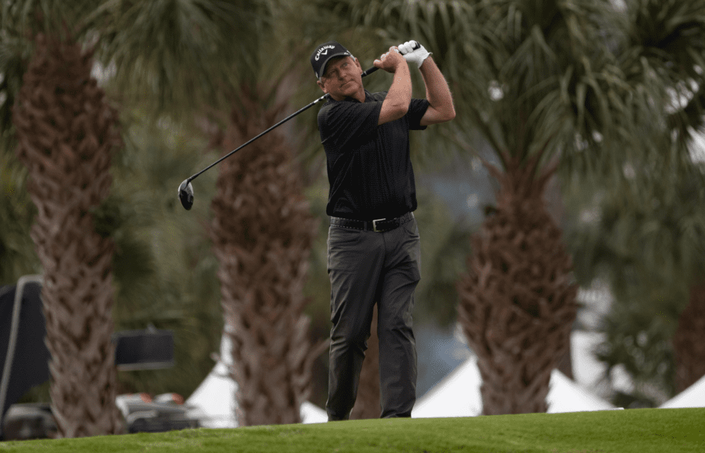 Mark Brooks of Fort Worth, Texas tees off at the the 10th hole during the first day of the Chubb Classic, Friday, Feb. 14, 2020, at Lely Resort in Lely, Florida. Syndication Naples