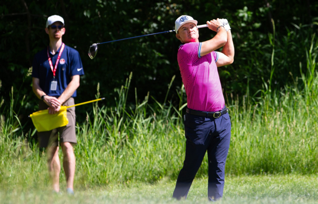Brian Gay plays his tee shot for the 15th hole during the first round of the 2024 KitchenAid Senior PGA Championship at Harbor Shores Golf Club on Thursday, May 23, 2024, in Benton Harbor, MI.