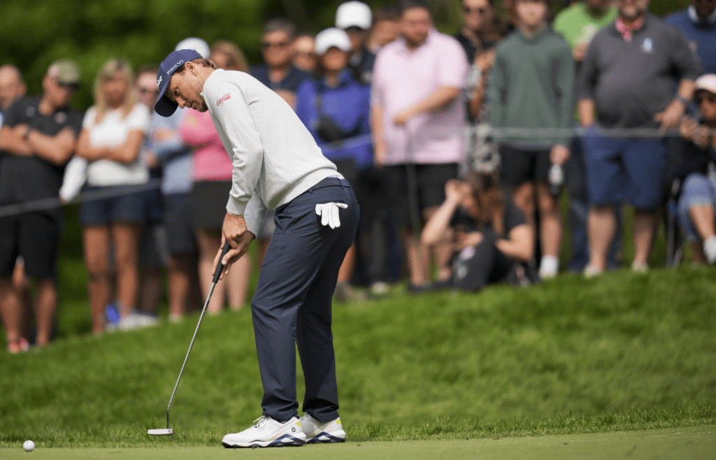 May 31, 2025; Dublin, Ohio, USA; Russell Henley putts on the eighth green during the third round of the Memorial Tournament presented by Workday golf tournament. Mandatory Credit: Aaron Doster-Imagn Images