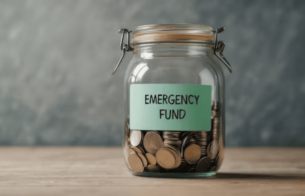 A nearly empty savings jar labeled “emergency
