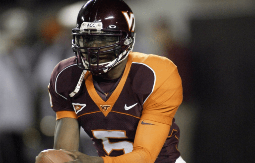 Nov 5, 2005; Blacksburg, VA, USA; Virginia Tech Hokies quarterback Marcus Vick (5) warms up before the Hokies matchup with the Miami Hurricanes at Lane Stadium/Worsham Field. Mandatory Credit: Geoff Burke-Imagn Images Copyright © 2005 Geoff Burke