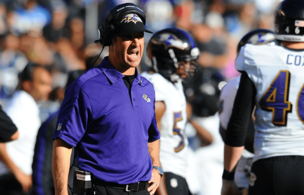 November 25, 2012; San Diego, CA, USA; Baltimore Ravens John Harbaugh during the second quarter against the San Diego Chargers at Qualcomm Stadium. Mandatory Credit: Christopher Hanewinckel-Imagn Images