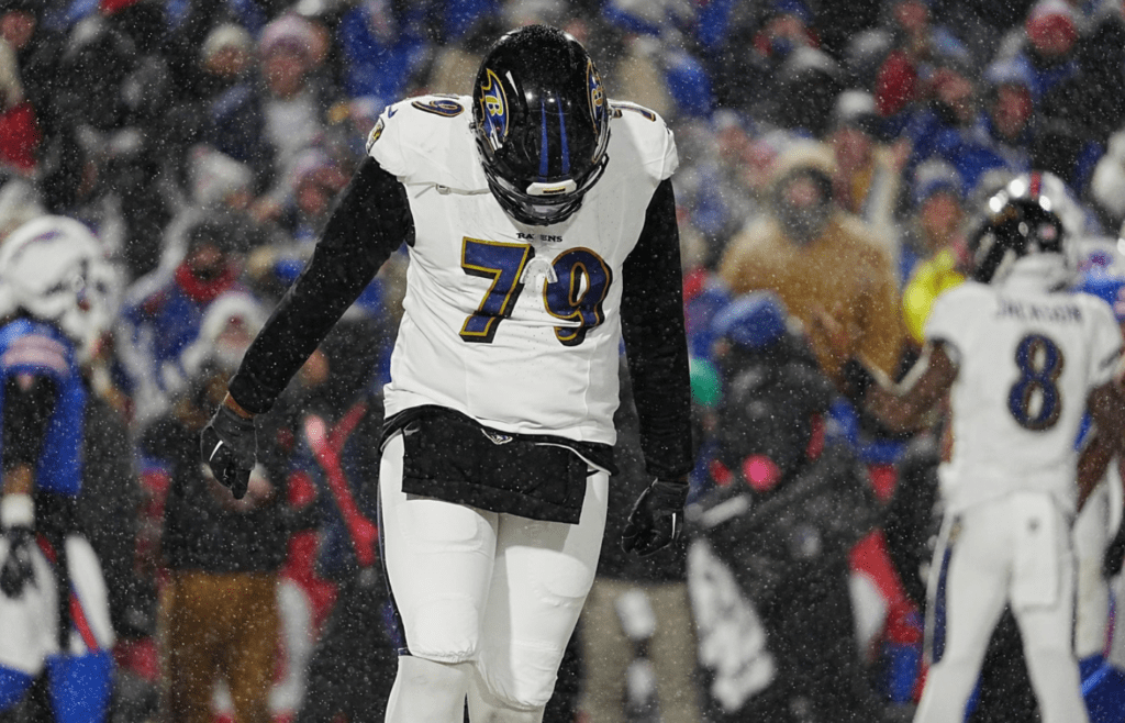 Baltimore Ravens offensive tackle Ronnie Stanley reacts when his team did not score going for the two-point conversion late in the fourth quarter during their divisional game against the Buffalo Bills at Highmark Stadium in Orchard Park on Jan. 19, 2025.