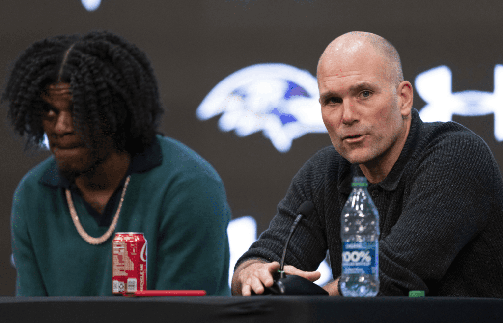 May 4, 2023; Owings Mills, MD, USA; Baltimore Ravens general manager Eric DeCosta answers a question during a press conference alongside quarterback Lamar Jackson at Under Armour Performance Center. Mandatory Credit: Brent Skeen-Imagn Images