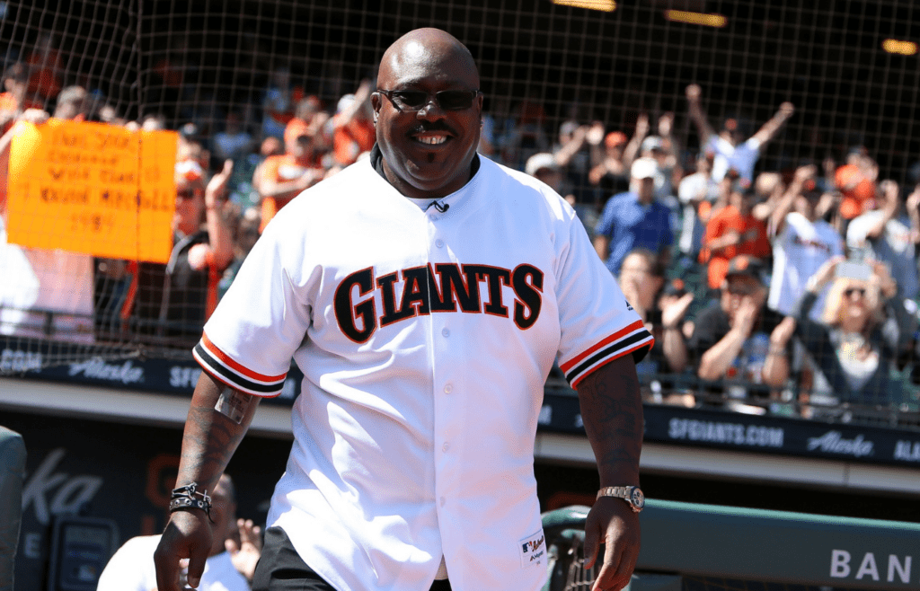 Aug 11, 2019; San Francisco, CA, USA; San Francisco Giants former outfielder Kevin Mitchell during the 1989 team reunion before the game against the Philadelphia Phillies at Oracle Park. Mandatory Credit: Sergio Estrada-Imagn Images