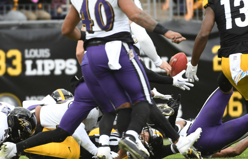 Oct 8, 2023; Pittsburgh, Pennsylvania, USA; Pittsburgh Steelers special teams player Gunner Olszewski (89) fumbles a punt as the Baltimore Ravens recover during the fourth quarter at Acrisure Stadium. Mandatory Credit: Philip G. Pavely-Imagn Images