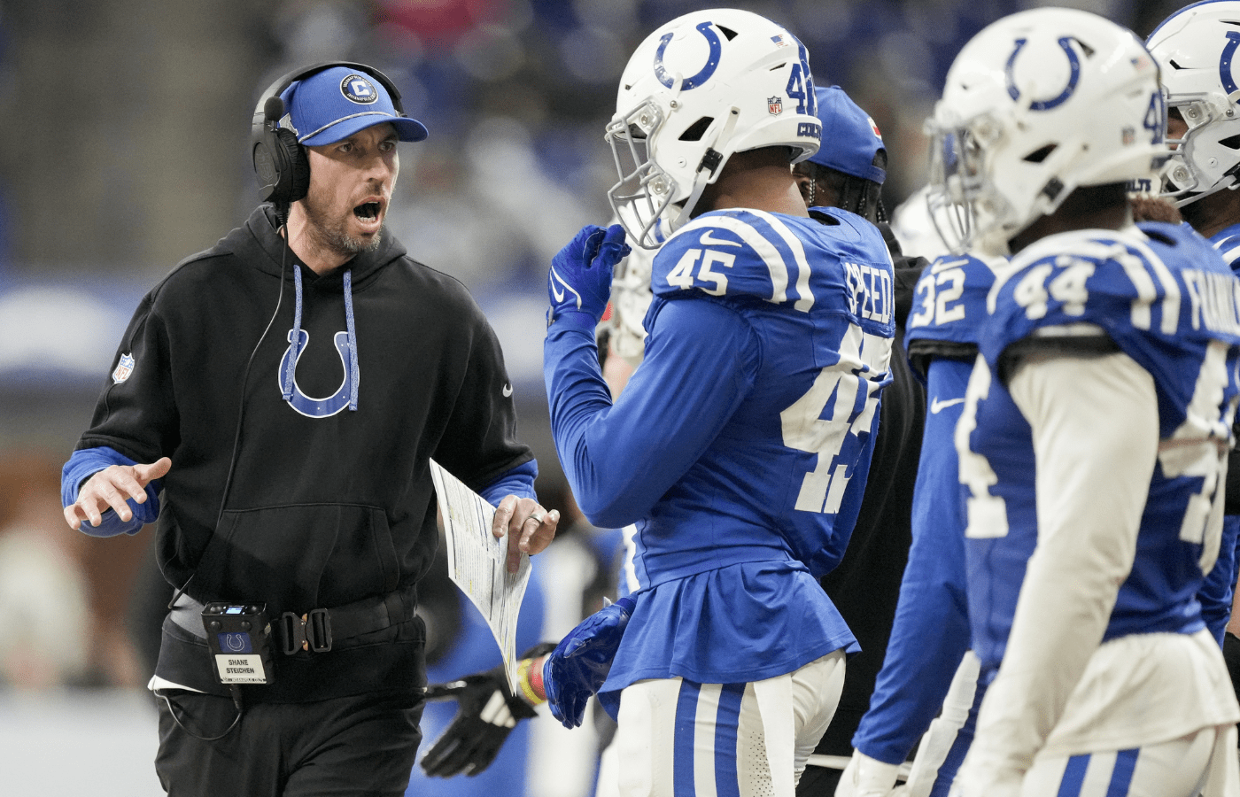 Jan 5, 2025; Indianapolis, Indiana, USA; Indianapolis Colts Head Coach Shane Steichen talks to the team during a game against the Jacksonville Jaguars at Lucas Oil Stadium. Mandatory Credit: Grace Hollars/USA TODAY Network via Imagn Images