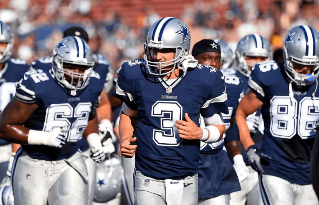 Aug 12, 2017; Los Angeles, CA, USA; Dallas Cowboys quarterback Luke McCown (3) before the game against the Los Angeles Rams at the Los Angeles Memorial Coliseum. Mandatory Credit: Jayne Kamin-Oncea-Imagn Images
