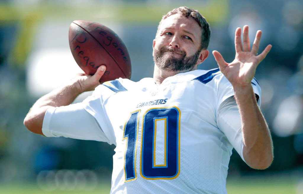 Nov 12, 2017; Jacksonville, FL, USA; Los Angeles Chargers quarterback Kellen Clemens (10) throws a warmup pass during pre game warmups against the Jacksonville Jaguars at EverBank Field. Mandatory Credit: Reinhold Matay-Imagn