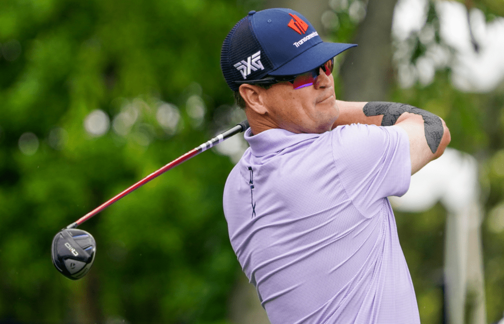 May 2, 2025; McKinney, Texas, USA; Zach Johnson plays his shot from the sixth tee during the second round of the THE CJ CUP Byron Nelson golf tournament. Mandatory Credit: Raymond Carlin III-Imagn Images