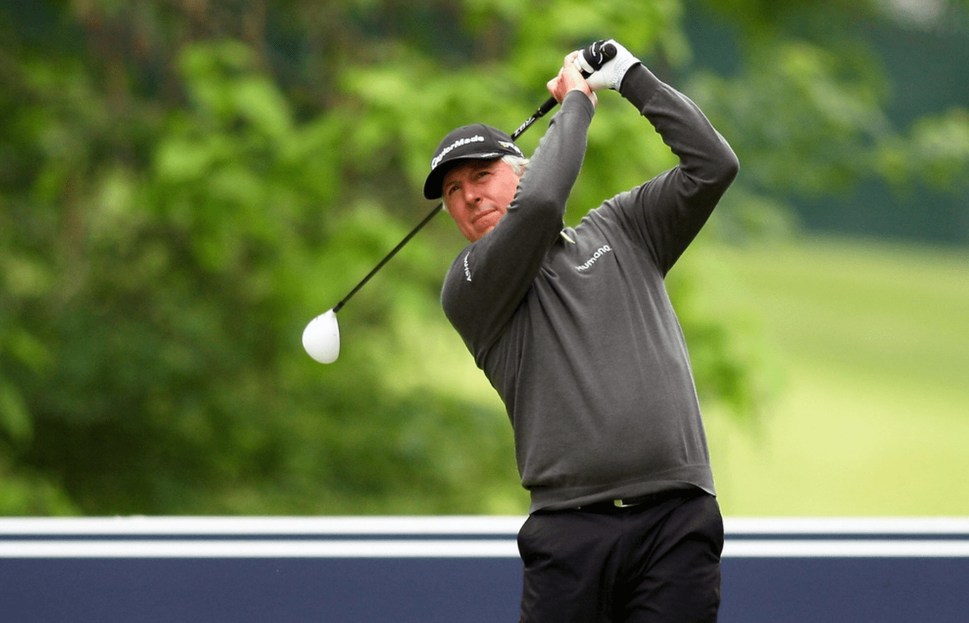 May 23, 2013; St. Louis, MO, USA; Hale Irwin follows through on his tee shot on the 11th hole during first round of the 74th Senior PGA Championship at Bellerive Country Club. Mandatory Credit: Scott Kane-Imagn Images