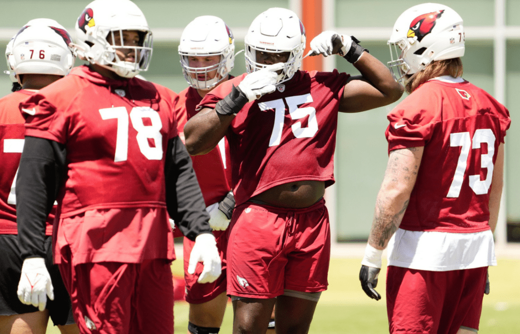 Arizona Cardinals offensive tackle Christian Jones (75) during organized team activities at the Dignity Health Arizona Cardinals Training Center on May 28, 2024
