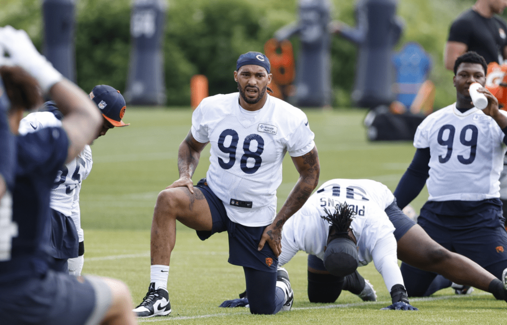 Jun 5, 2024; Lake Forest, IL, USA; Chicago Bears defensive end Montez Sweat (98) looks on during the team's minicamp at Halas Hall. Mandatory Credit: Kamil Krzaczynski-Imagn Images
