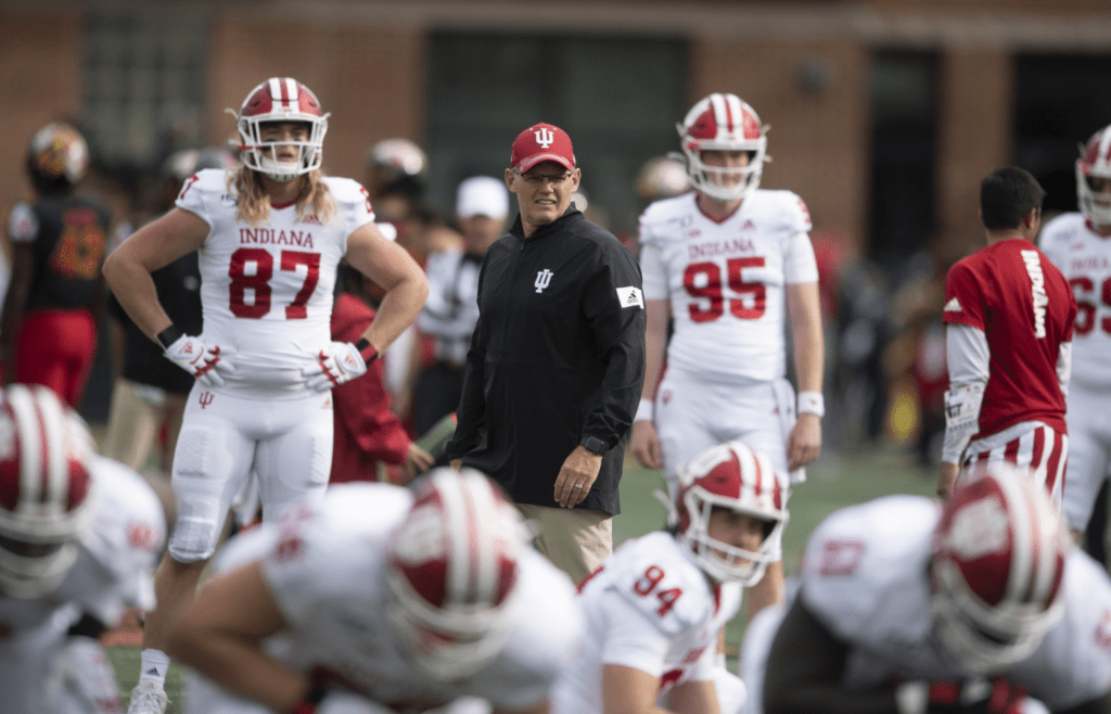 Oct 19, 2019; College Park, MD, USA; Indiana Hoosiers head coach Tom Allen looks on as his team warms up before the game against the Maryland Terrapins at Capital One Field at Maryland Stadium. Mandatory Credit: Tommy Gilligan-Imagn Images