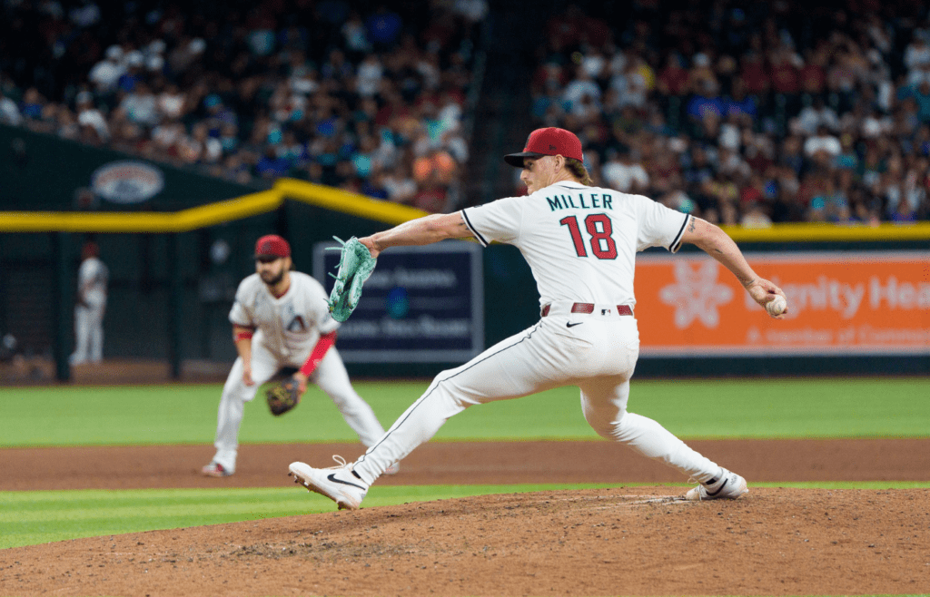Jun 1, 2025; Phoenix, Arizona, USA; Arizona Diamondbacks pitcher Shelby Miller (18) on the mound in the eighth inning against the Washington Nationals at Chase Field. Mandatory Credit: Allan Henry-Imagn Images