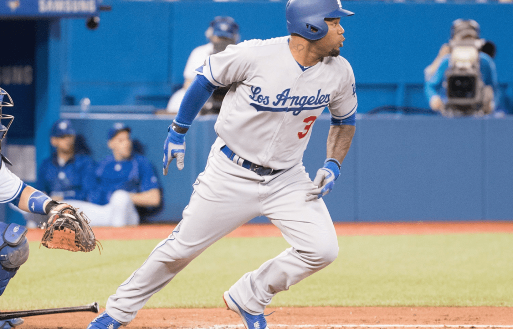 May 6, 2016; Toronto, Ontario, CAN; Los Angeles Dodgers left fielder Carl Crawford (3) reacts after hitting a single during the third inning in a game against the Toronto Blue Jays at Rogers Centre. The Toronto Blue Jays won 5-2. Mandatory Credit: Nick Turchiaro-Imagn Images