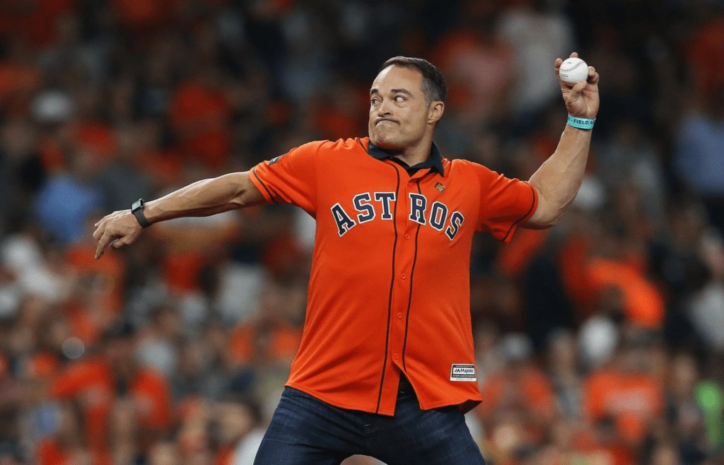 Oct 13, 2019; Houston, TX, USA; Houston Astros former pitcher Mike Hampton throws out the first pitch prior to playing the New York Yankees in game two of the 2019 ALCS playoff baseball series at Minute Maid Park. Mandatory Credit: Thomas B. Shea-Imagn Images