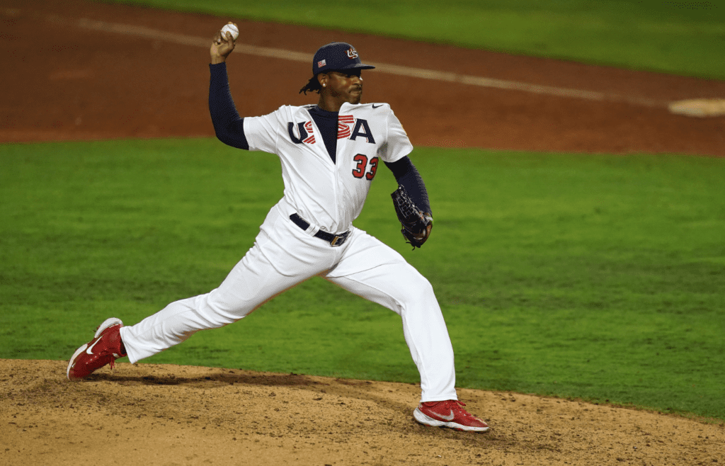 Jun 5, 2021; Port St. Lucie, Florida, USA; USA relief pitcher Edwin Jackson (33) delivers a pitch in the 8th inning against Venezuela in the Super Round of the WBSC Baseball Americas Qualifier series at Clover Park. Mandatory Credit: Jasen Vinlove-Imagn Images