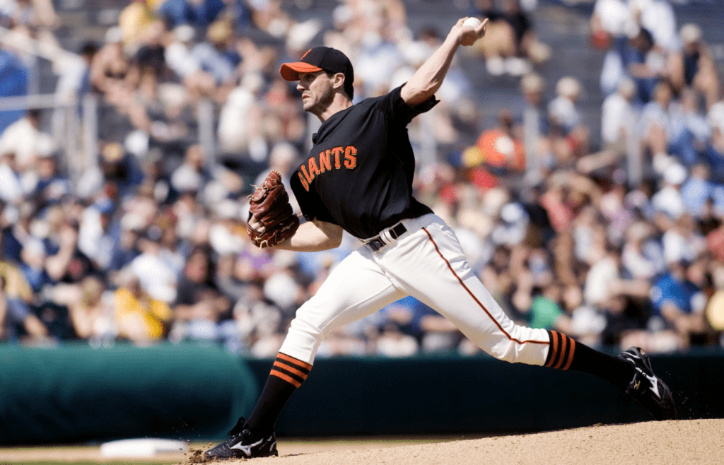 San Francisco Giants pitcher Barry Zito pitches against the Milwaukee Brewers during the spring game at Scottsdale Stadium March 4, 2010. Sr Giants0306 163374