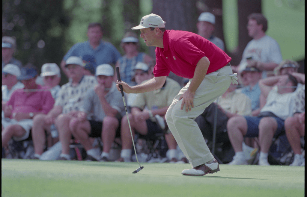 04/07/1999; Augusta, Georgia USA; Scott Hoch lines up his putt at the Augusta National Golf Course during the 1999 Masters. Mandatory Credit: File Photo -The Augusta Chronicle via USA TODAY NETWORK