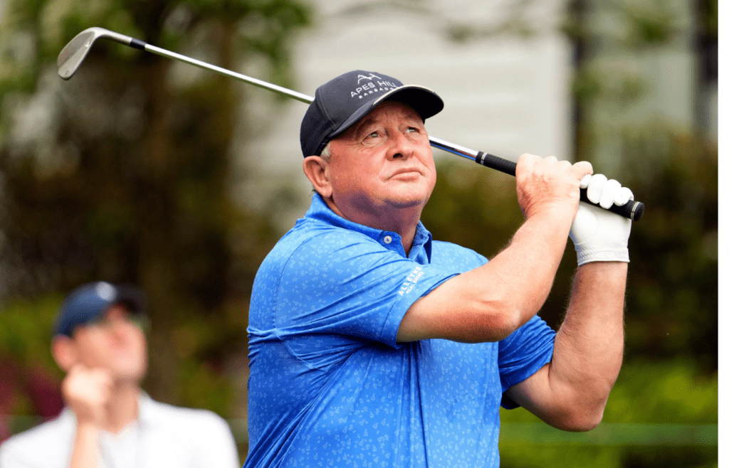 Apr 10, 2024; Augusta, Georgia, USA; Former Masters champion Ian Woosnam tees off on no. 1 during the Par 3 Contest at Augusta National Golf Club. Mandatory Credit: Rob Schumacher-USA TODAY Network