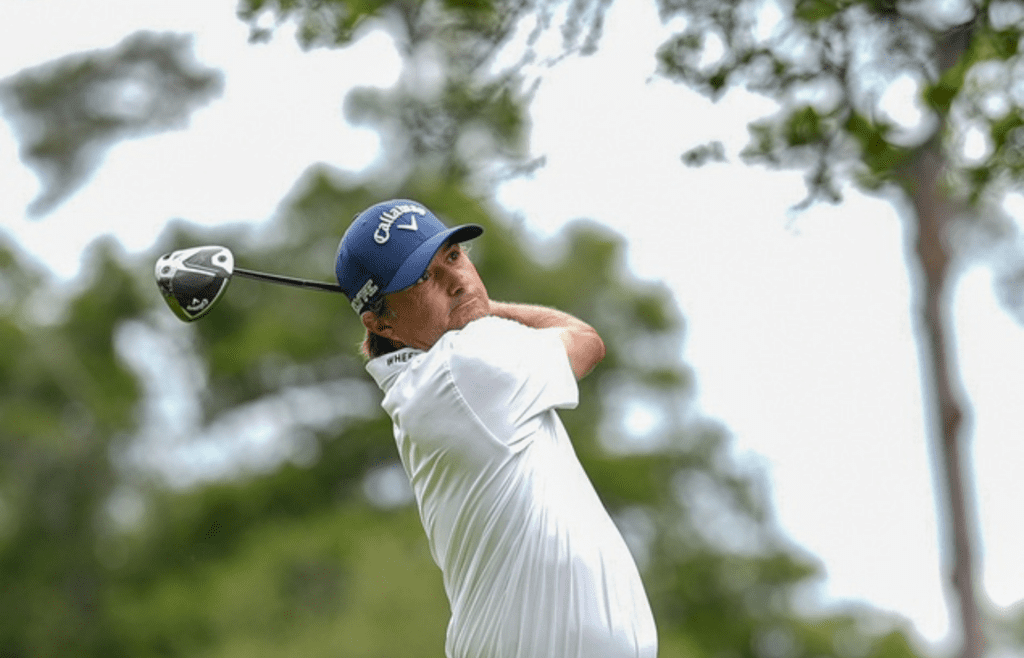 May 9, 2025; Myrtle Beach, South Carolina, USA; Kevin Kisner hits his tee shot on eight during the second round of the Myrtle Beach Classic golf tournament. Mandatory Credit: Jim Dedmon-Imagn Images