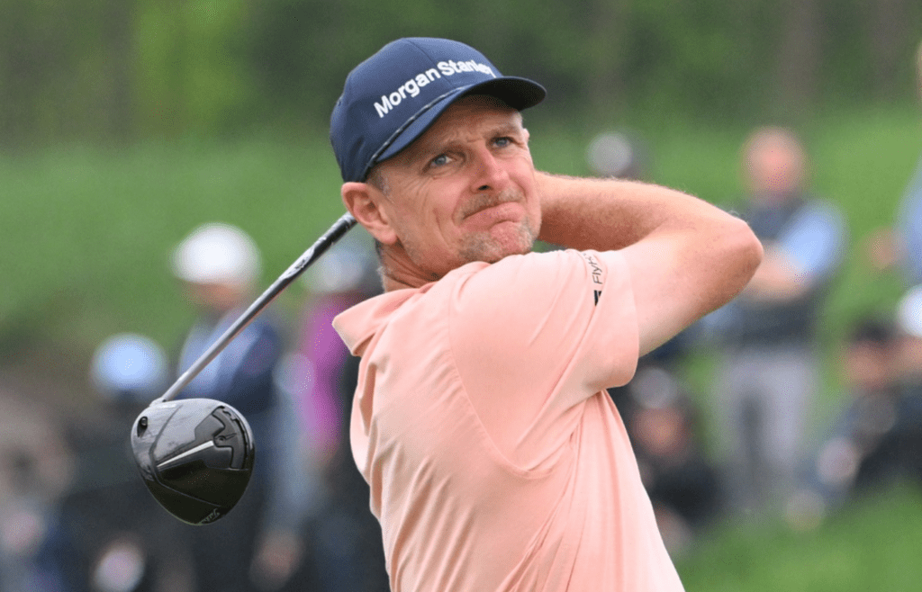 Jun 5, 2025; Caledon, Ontario, CAN; Justin Rose hits his tee shot on the 12th hole during the first round of the RBC Canadian Open golf tournament. Mandatory Credit: Dan Hamilton-Imagn Images