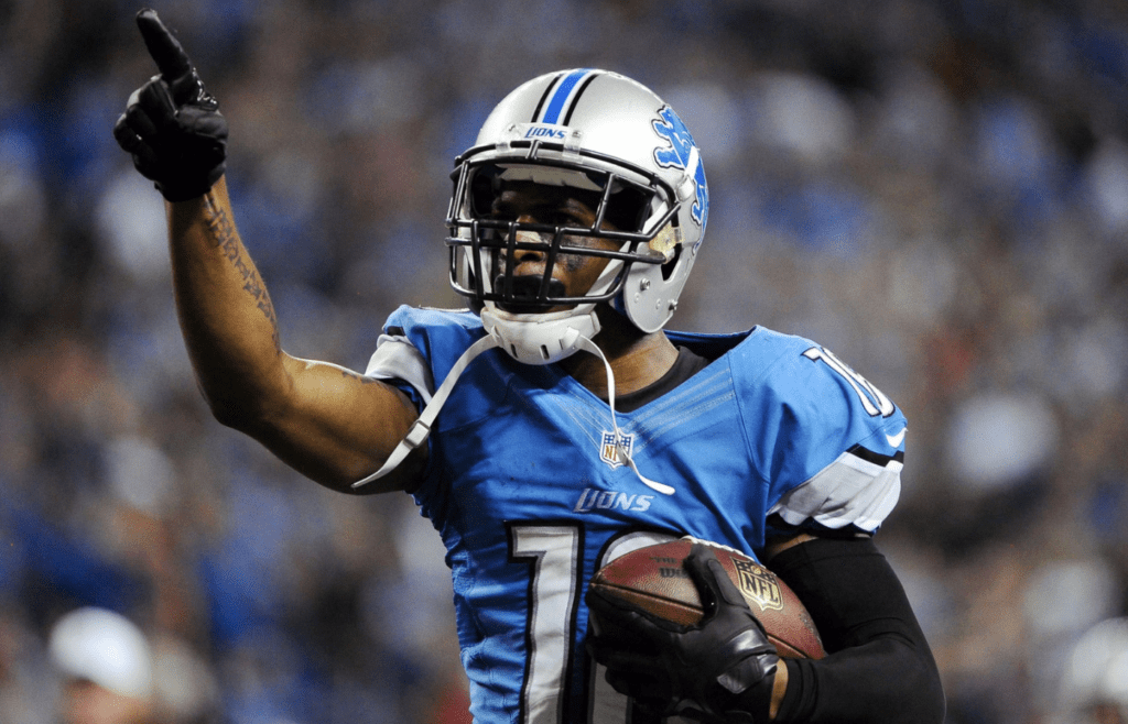 Oct 28, 2012; Detroit, MI, USA; Detroit Lions wide receiver Titus Young (16) celebrates his game winning touchdown during the fourth quarter against the Seattle Seahawks at Ford Field. Detroit won 28-24. Mandatory Credit: Tim Fuller-Imagn Images