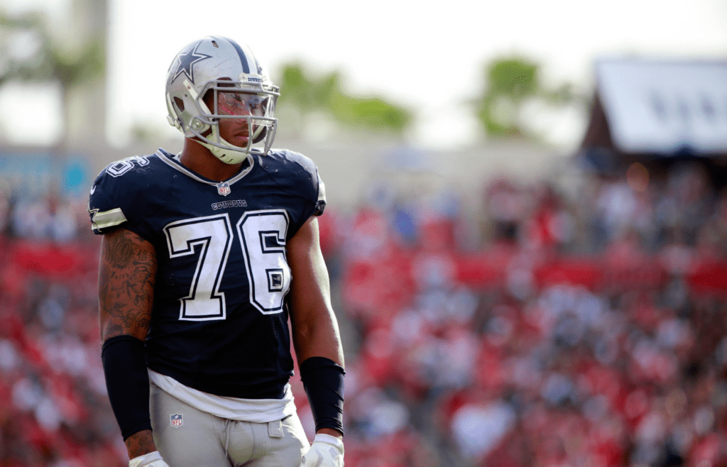 Nov 15, 2015; Tampa, FL, USA; Dallas Cowboys defensive end Greg Hardy (76) looks on against the Tampa Bay Buccaneers during the second half at Raymond James Stadium. Tampa Bay Buccaneers defeated the Dallas Cowboys 10-6. Mandatory Credit: Kim Klement-Imagn Images
