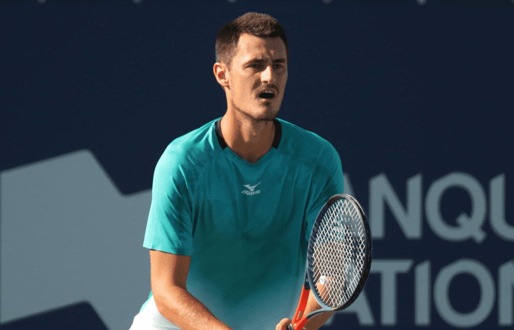 Aug 5, 2019; Montreal, Quebec, Canada; Bernard Tomic from Australia waits for a serve from Roberto Bautista Agut from Spain (not pictured) during the Rogers Cup tennis tournament at Stade IGA. Mandatory Credit: Jean-Yves Ahern-Imagn Images