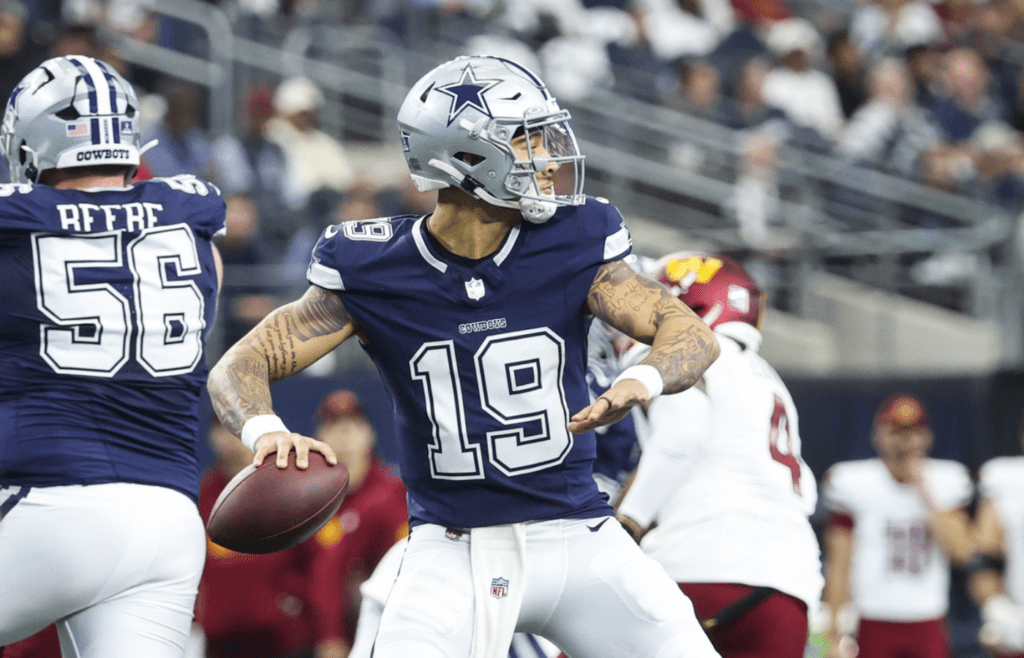Jan 5, 2025; Arlington, Texas, USA; Dallas Cowboys quarterback Trey Lance (19) throws during the first half against the Washington Commanders at AT&T Stadium. Mandatory Credit: Kevin Jairaj-Imagn Images
