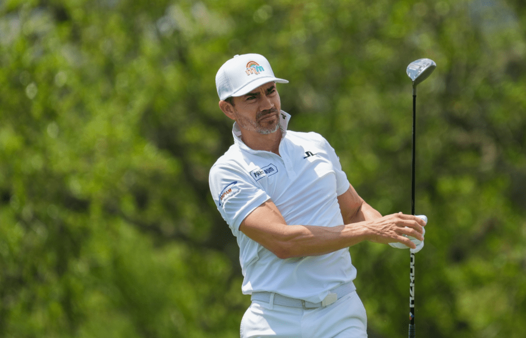 Apr 3, 2025; San Antonio, Texas, USA; Camilo Villegas watches his shot on the 18th fairway during the first round of the Valero Texas Open golf tournament. Mandatory Credit: Daniel Dunn-Imagn Images