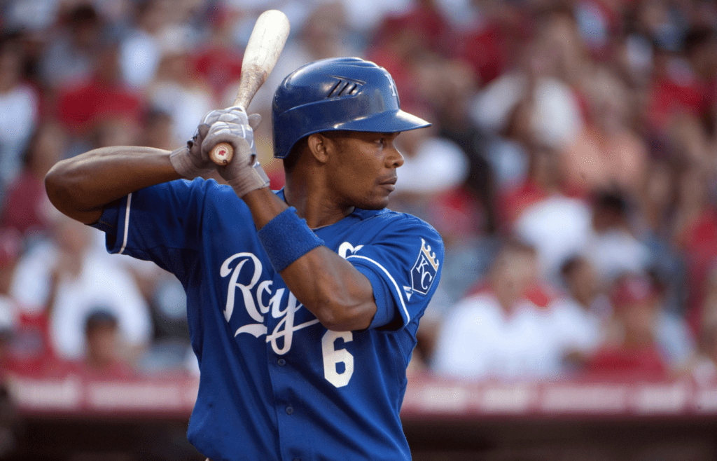 Kansas City Royals designated hitter Jose Guillen (6) bats during the game against the Los Angeles Angels at Angel Stadium. The Angels defeated the Royals 11-0
