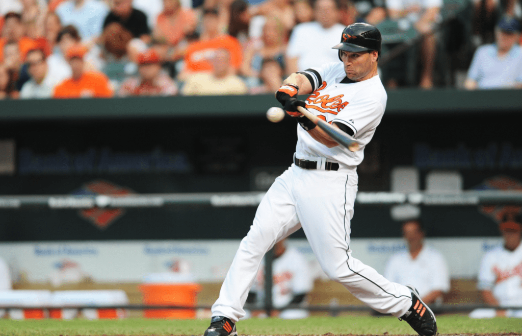 Baltimore Orioles left fielder Luke Scott (30) in action against the Los Angeles Angels at Camden Yards