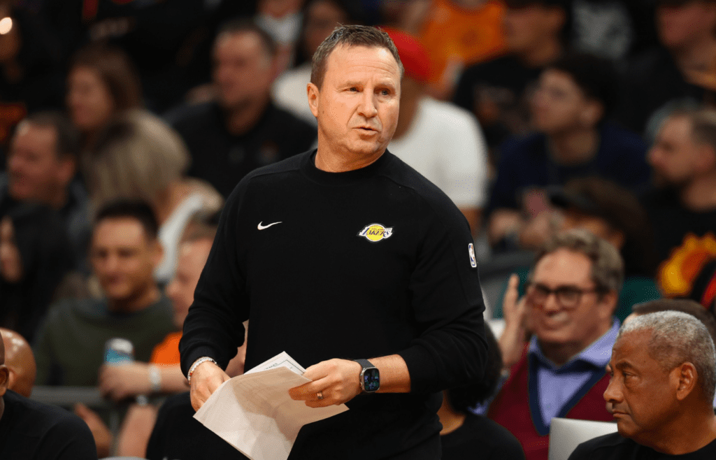 Los Angeles Lakers assistant coach Scott Brooks against the Phoenix Suns during an NBA Cup game at Footprint Center