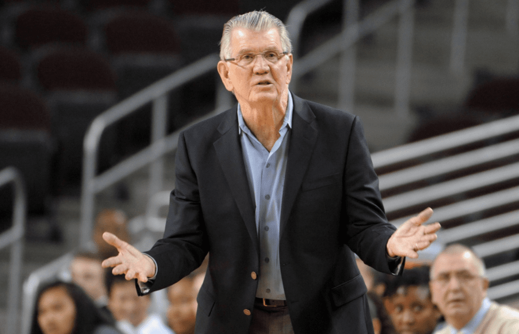 Oregon Ducks coach Paul Westhead reacts during the game against the Southern California Trojans at the Galen Center. USC defeated Oregon 92-73