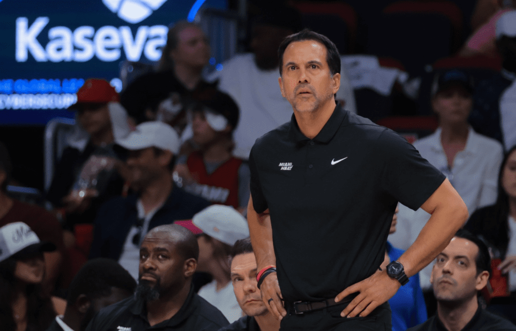 Miami Heat head coach Erik Spoelstra looks on from the sideline against the Cleveland Cavaliers in the fourth quarter during game four for the first round of the 2025 NBA Playoffs at Kaseya Center