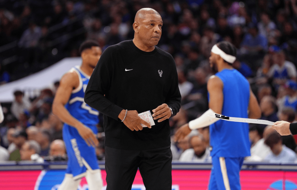 Milwaukee Bucks head coach Doc Rivers looks on against the Philadelphia 76ers in the first quarter at Wells Fargo Center