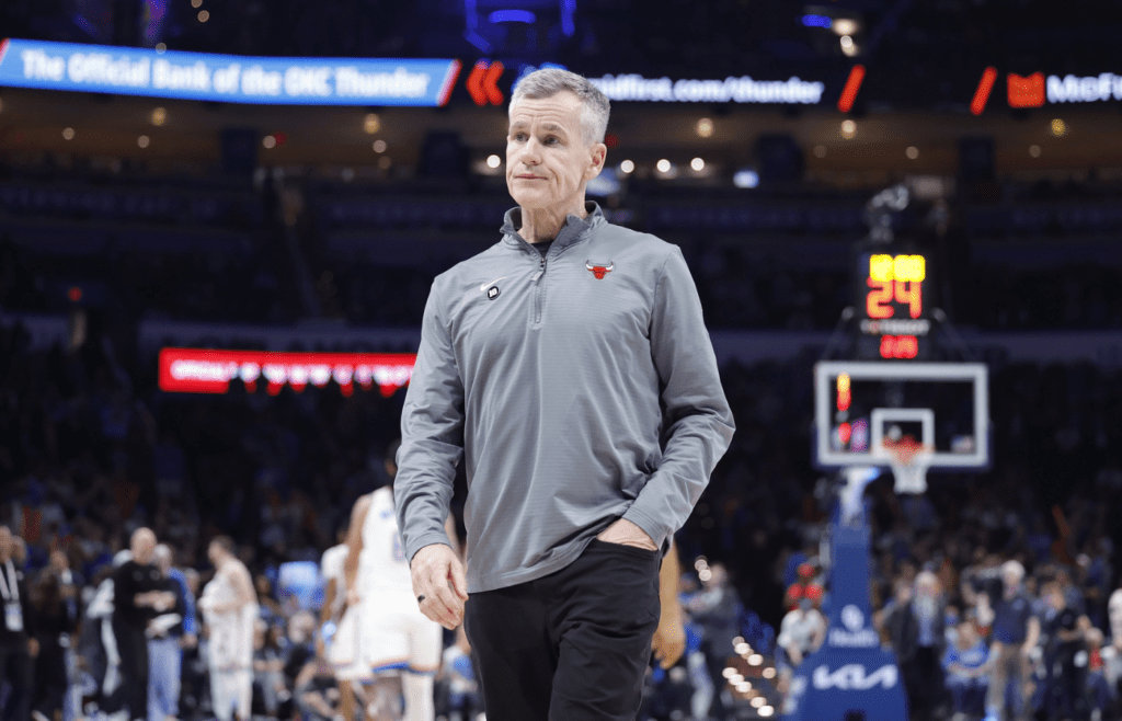 Chicago Bulls head coach Billy Donovan stands during a time out against the Oklahoma City Thunder during the second half at Paycom Center