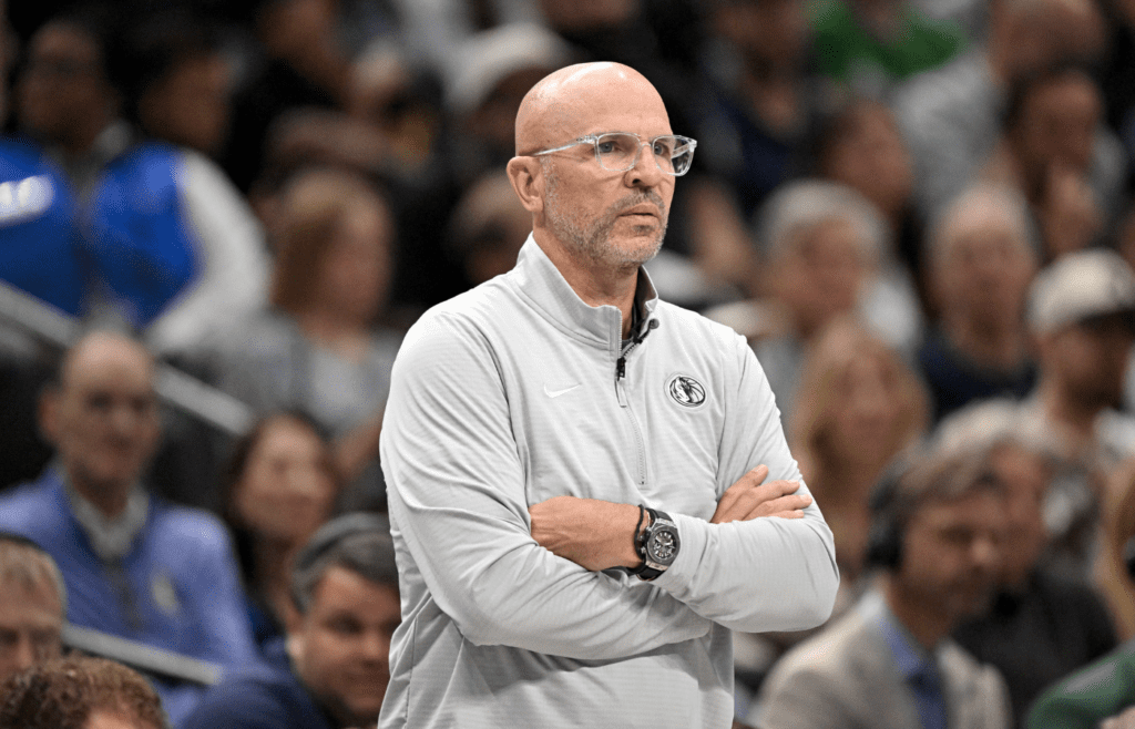 Dallas Mavericks head coach Jason Kidd looks on during the third quarter against the Los Angeles Lakers at the American Airlines Center