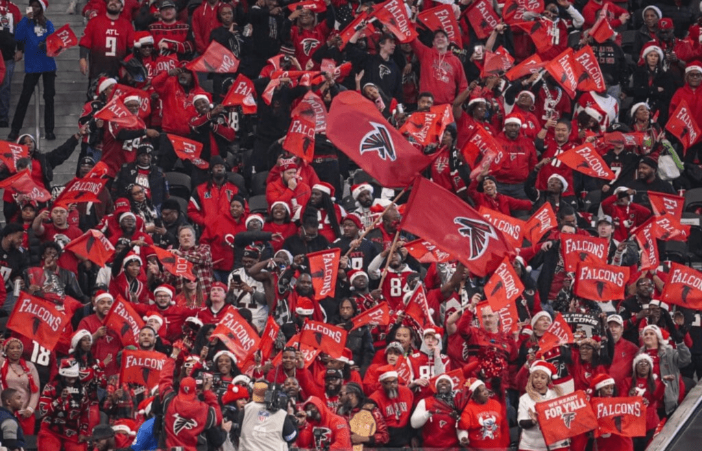 Dec 22, 2024; Atlanta, Georgia, USA; Atlanta Falcons fans react in the stands during the game against the New York Giants during the second half at Mercedes-Benz Stadium. Mandatory Credit: Dale Zanine-Imagn ImagesDec 22, 2024; Atlanta, Georgia, USA; Atlanta Falcons fans react in the stands during the game against the New York Giants during the second half at Mercedes-Benz Stadium. Mandatory Credit: Dale Zanine-Imagn ImagesDec 22, 2024; Atlanta, Georgia, USA; Atlanta Falcons fans react in the stands during the game against the New York Giants during the second half at Mercedes-Benz Stadium. Mandatory Credit: Dale Zanine-Imagn Images